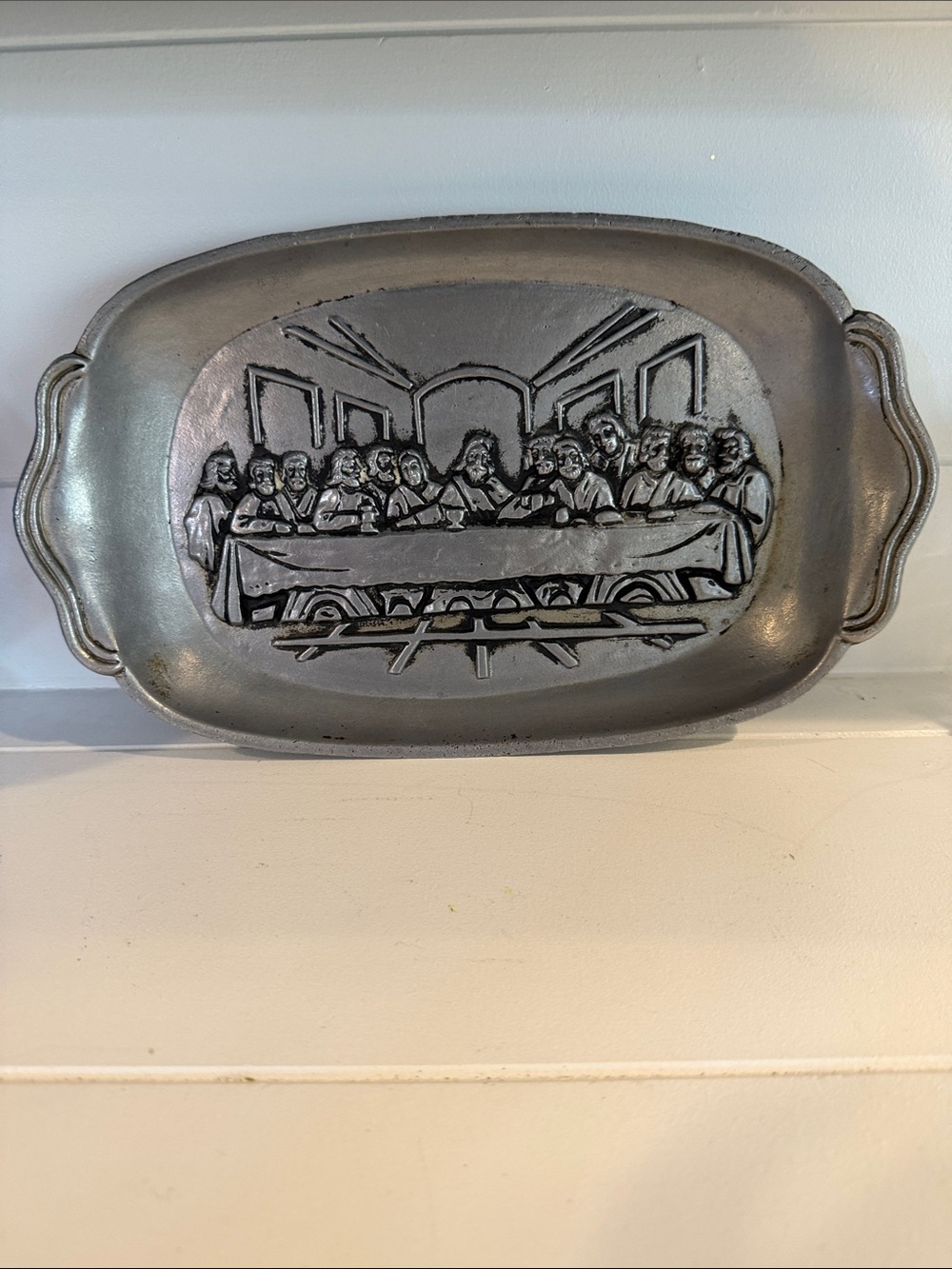 Decorative Pewter Serving Tray with The Last Supper Relief